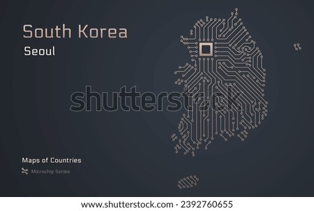 South Korea Map with a capital of Seoul Shown in a Microchip Pattern. E-government. World Countries vector maps. Microchip Series
