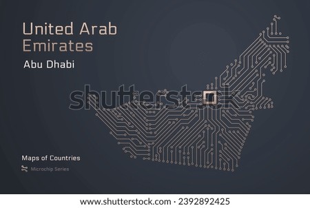 United Arab Emirates, Great Britain Map with a capital of Abu Dhabi Shown in a Microchip Pattern. E-government. World Countries vector maps. Microchip Series