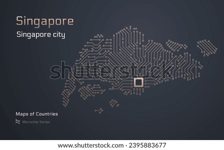 Singapore Map with a capital of Singapore City Shown in a Microchip Pattern with processor. E-government. World Countries vector maps. Microchip Series