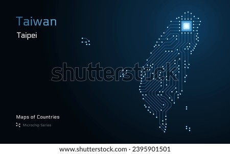Taiwan Glowing Map with a capital of Taipei Shown in a Microchip Pattern. E-government. TSMC. World Countries vector maps. Microchip Series