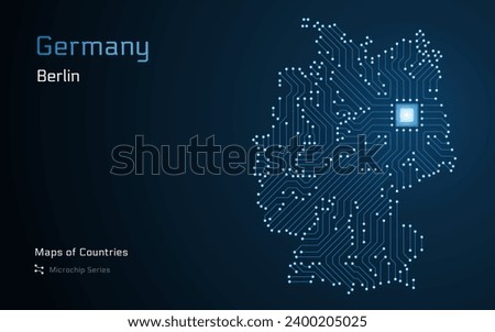 Germany Map with a capital of Berlin Shown in a Microchip Pattern with processor. E-government. World Countries vector maps.
