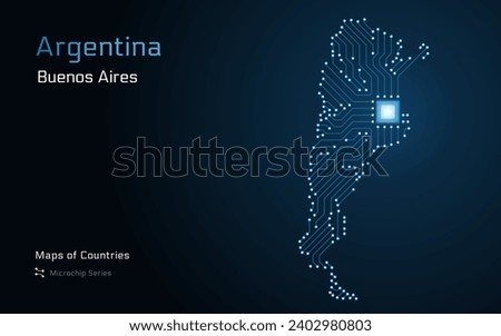 Argentina Map with a capital of Buenos Aires Shown in a Microchip Pattern with processor. E-government. World Countries vector maps. Microchip Series. SHOTLISTbanking	
