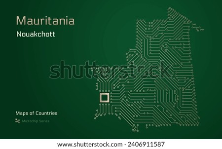 Mauritania Map with a capital of Nouakchott Shown in a Microchip Pattern. E-government. World Countries vector maps. Microchip Series	
