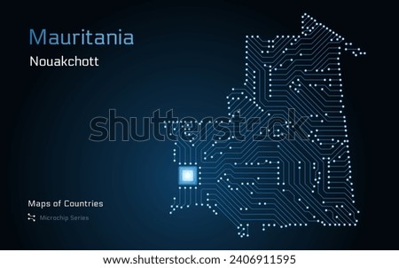 Mauritania Blue Map with a capital of Nouakchott Shown in a Microchip Pattern. E-government. World Countries vector maps. Microchip Series	
