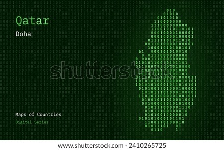 Qatar Map Shown in Binary Code Pattern. TSMC. Green Matrix numbers, zero, one. World Countries Vector Maps. Digital Series