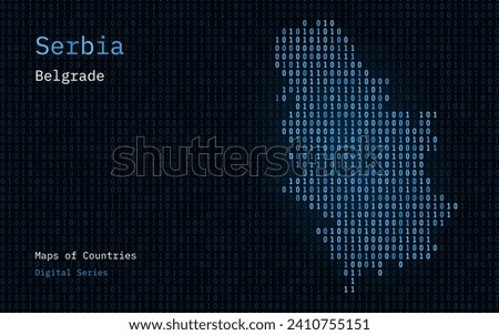 Serbia Map Shown in Binary Code Pattern. TSMC. Blue Green Matrix numbers, zero, one. World Countries Vector Maps. Digital Series