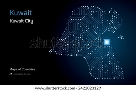 Kuwait Map with a capital of Kuwait City Shown in a Microchip Pattern with processor. E-government. World Countries vector maps. Microchip Series	