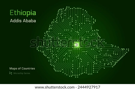 Ethiopia Map with a capital of Addis Ababa Shown in a Microchip Pattern with processor. E-government. World Countries vector maps. Microchip Series	