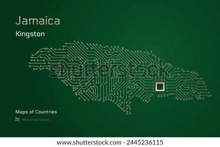 Jamaica Map with a capital of Kingston Shown in a Microchip Pattern with processor. E-government. World Countries vector maps. Microchip Series	