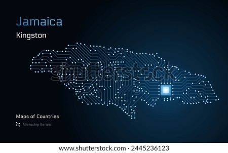 Jamaica Map with a capital of Kingston Shown in a Microchip Pattern with processor. E-government. World Countries vector maps. Microchip Series	
