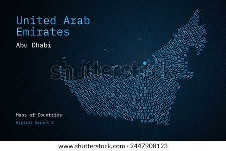 A map of United Arab
Emirates depicted in zeros and ones in the form of a circle. The capital, Abu Dhabi, is shown in the center of the circle	