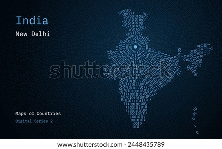 A map of India, Bharat depicted in zeros and ones in the form of a circle. The capital, New Delhi, is shown in the center of the circle