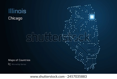 Illinois Map with a capital of Springfield Shown in a Microchip Pattern. E-government. TSMC. American states vector maps. Microchip Series