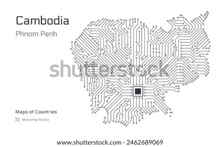 Cambodia Map with a capital of Phnom Penh Shown in a Microchip Pattern with processor. E-government. World Countries vector maps. Microchip Series