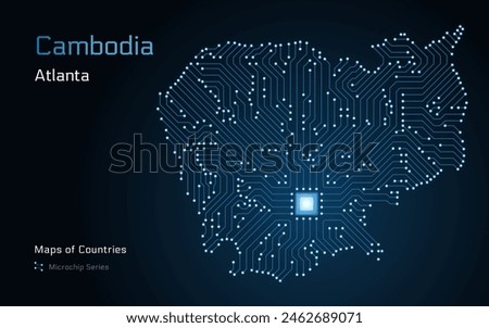 Cambodia Map with a capital of Phnom Penh Shown in a Microchip Pattern with processor. E-government. World Countries vector maps. Microchip Series