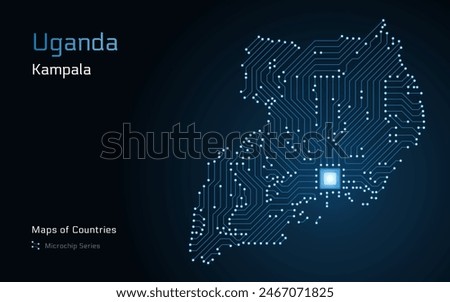 Uganda Map with a capital of Kampala Shown in a Microchip Pattern with processor. E-government. World Countries vector maps. Microchip Series