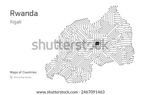 Rwanda Map with a capital of Kigali Shown in a Microchip Pattern with processor. E-government. World Countries vector maps. Microchip Series	