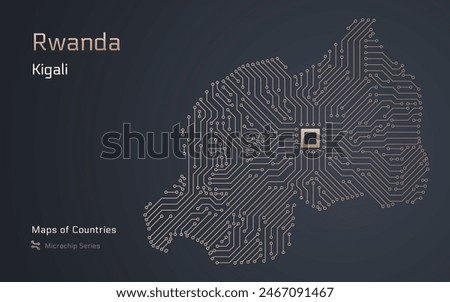 Rwanda Map with a capital of Kigali Shown in a Microchip Pattern with processor. E-government. World Countries vector maps. Microchip Series	