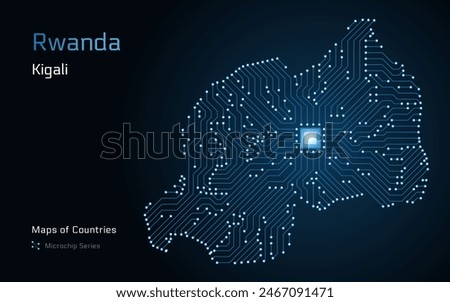 Rwanda Map with a capital of Kigali Shown in a Microchip Pattern with processor. E-government. World Countries vector maps. Microchip Series	