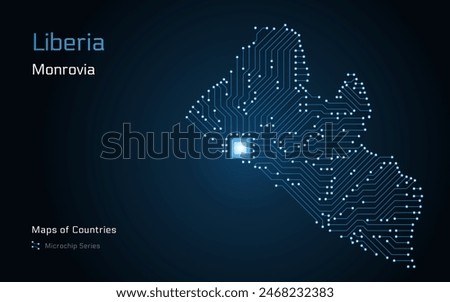 Liberia Map with a capital of Monrovia Shown in a Microchip Pattern with processor. E-government. World Countries vector maps. Microchip Series	
