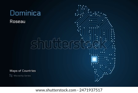 Dominica Map with a capital of Roseau Shown in a Microchip Pattern with processor. E-government. World Countries vector maps. Microchip Series	