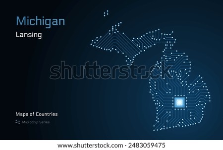 Michigan Map with a capital of Lansing Shown in a Microchip Pattern. Silicon valley, E-government. United States vector maps. Microchip Series