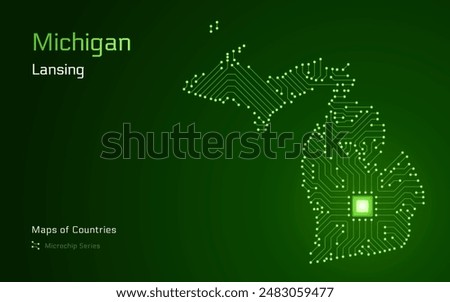 Michigan Map with a capital of Lansing Shown in a Microchip Pattern. Silicon valley, E-government. United States vector maps. Microchip Series
