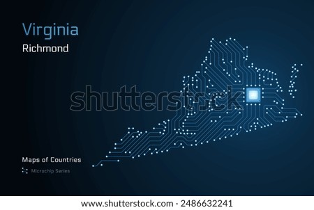 Virginia Map with a capital of Richmond Shown in a Microchip Pattern. E-government. United States vector maps. Microchip Series	
