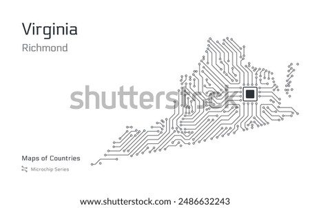 Virginia Map with a capital of Richmond Shown in a Microchip Pattern. E-government. United States vector maps. Microchip Series	
