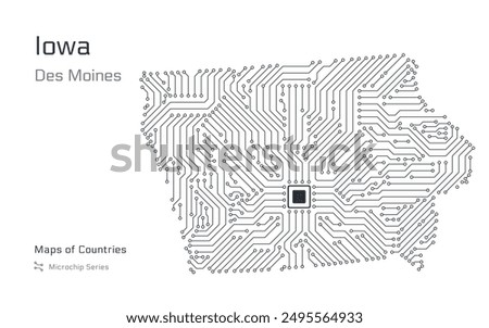 Iowa Map with a capital of Des Moines Shown in a Microchip Pattern. E-government. United States vector maps. Microchip Series	
