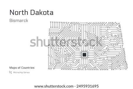 North Dakota Map with a capital of Bismarck Shown in a Microchip Pattern. E-government. United States vector maps. Microchip Series	
