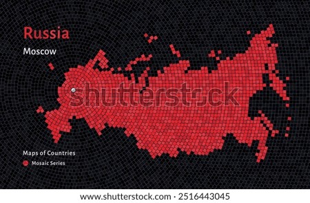 Red Russia Map with a capital of Moscow Shown in a Mosaic Pattern	