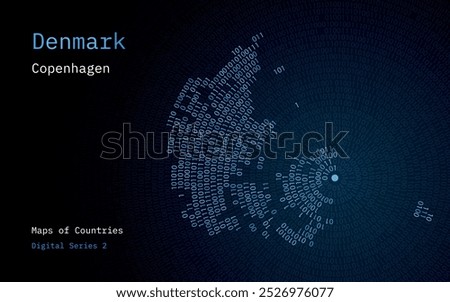 A map of Denmark depicted in zeros and ones in the form of a circle. The capital, Copenhagen, is shown in the center of the circle