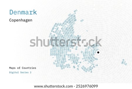 A map of Denmark depicted in zeros and ones in the form of a circle. The capital, Copenhagen, is shown in the center of the circle