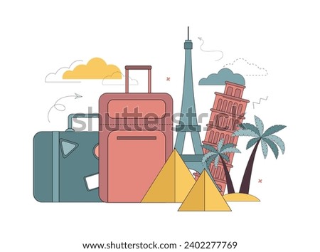 Travel concept. Eiffel Tower, Leaning Tower of Pisa, Egyptian pyramids, palm trees Vector flat illustration
