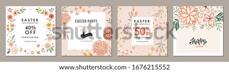 Trendy Easter floral square templates. Suitable for social media posts, mobile apps, cards, invitations, banners design and web/internet ads. Vector illustration.