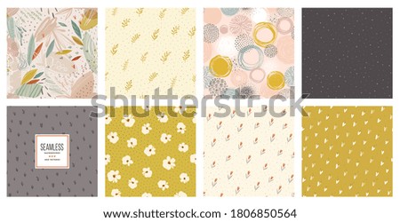 Trendy seamless patterns set. Cool abstract and floral design. For fashion fabrics, kid’s clothes, home decor, quilting, T-shirts, cards and templates, scrapbooking etc. Vector illustration