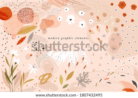 Create your own design with these graphic items. Trendy geometric forms, textures, strokes, abstract and floral decor elements. Vector illustration.