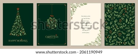 Holidays cards with Christmas Tree, birds, Christmas ornament, backgrounds, ornate floral frames and copy space. Universal modern artistic templates. 