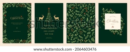 Merry and Bright Corporate Holiday cards. Modern abstract creative universal artistic templates with Christmas Tree, reindeers, birds, floral frames and backgrounds.