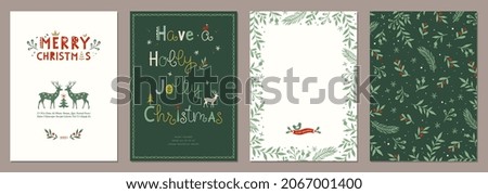 Merry and Bright Corporate Holiday cards. Modern abstract creative universal artistic templates with reindeers, Christmas Tree, birds, floral frames and backgrounds.
