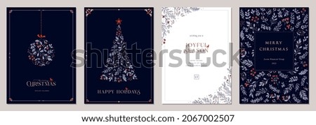 Holidays cards with Christmas Tree, birds, Christmas ornament, floral background, ornate frames and copy space. Universal modern artistic templates. 