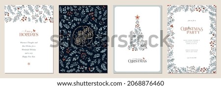 Holidays cards with Christmas Tree, birds, ornate floral frames and background. Universal artistic templates.