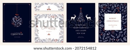Luxury Corporate Holiday cards with Christmas tree, Christmas ornament, reindeers, birds, decorative ornate frame, background and copy space. Universal artistic templates.