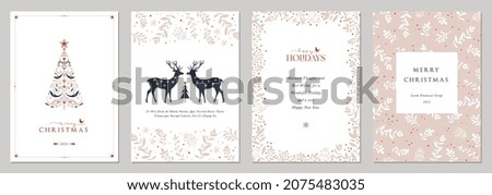 Corporate Holiday cards with Christmas tree, reindeers, bird, floral frames, background and copy space. Universal artistic templates.