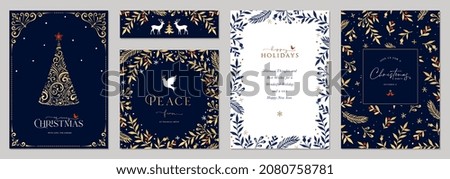 Luxury Corporate Holiday cards with Christmas tree, reindeers, Dove, birds, ornate floral frames, background and copy space. Universal artistic templates.