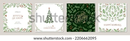 Winter Foliage Holiday cards. Universal Christmas templates with decorative Christmas Tree, reindeer, floral background and frame with copy space, birds and greetings.	 商業照片 © 