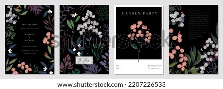 Moody floral templates. Universal and artistic with many decorative flowers, leaves and twigs. For invitation, flyer, business card, brochure, email header, post in social networks, advertising.