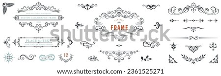 Ornate vintage frames and scroll elements. Classic calligraphy swirls, swashes, dividers, floral motifs. Good for greeting cards, wedding invitations, restaurant menu, royal certificates.