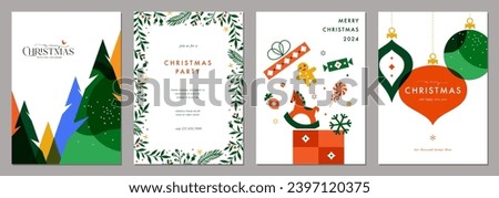 Winter holidays greeting cards with Christmas Trees, floral decorative frame, gift box, Christmas ornaments and typographic design. Modern artistic templates.
